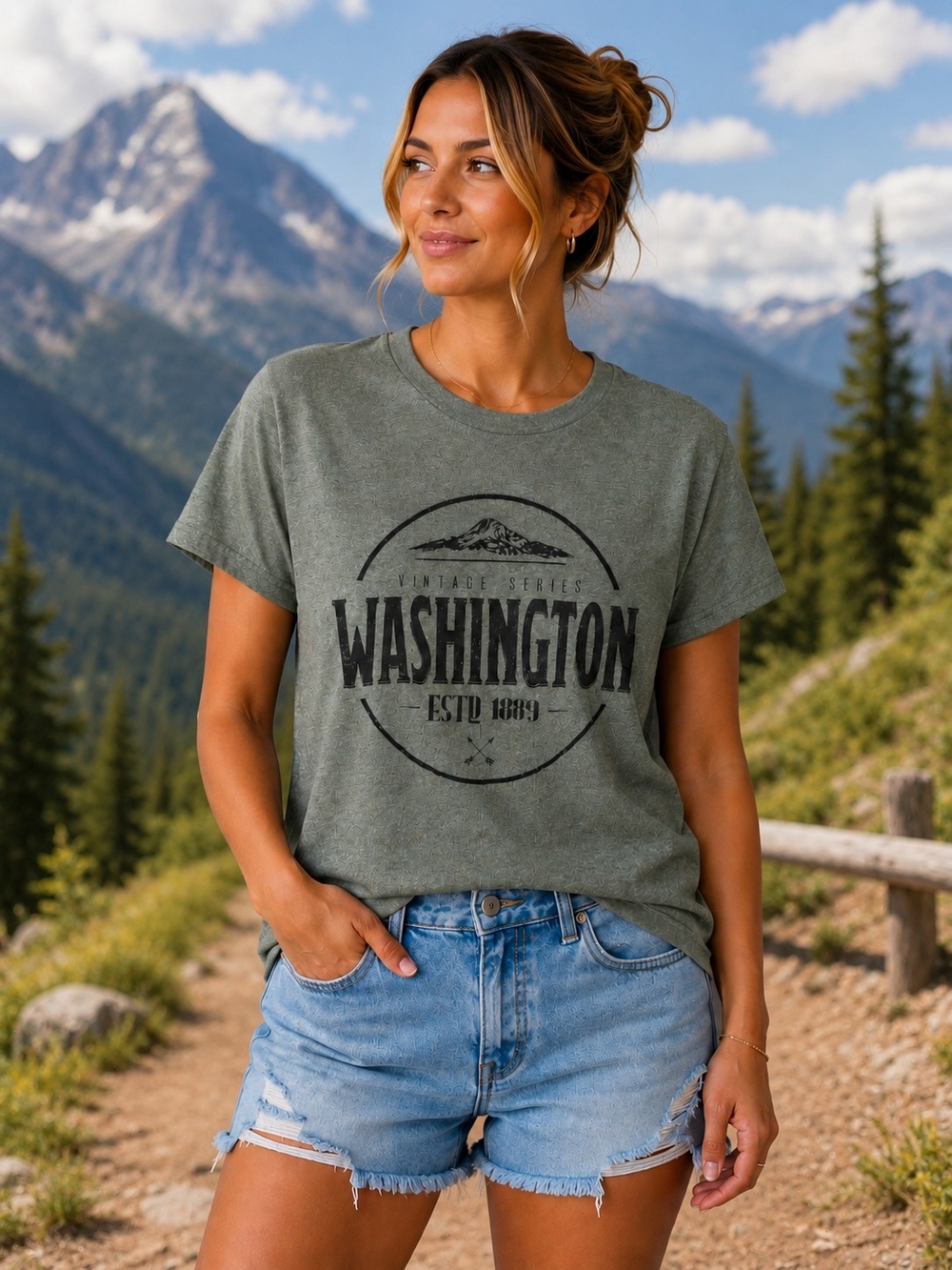 Gildan Olive Green Washington Graphic Short Sleeve Tee Women's Size M